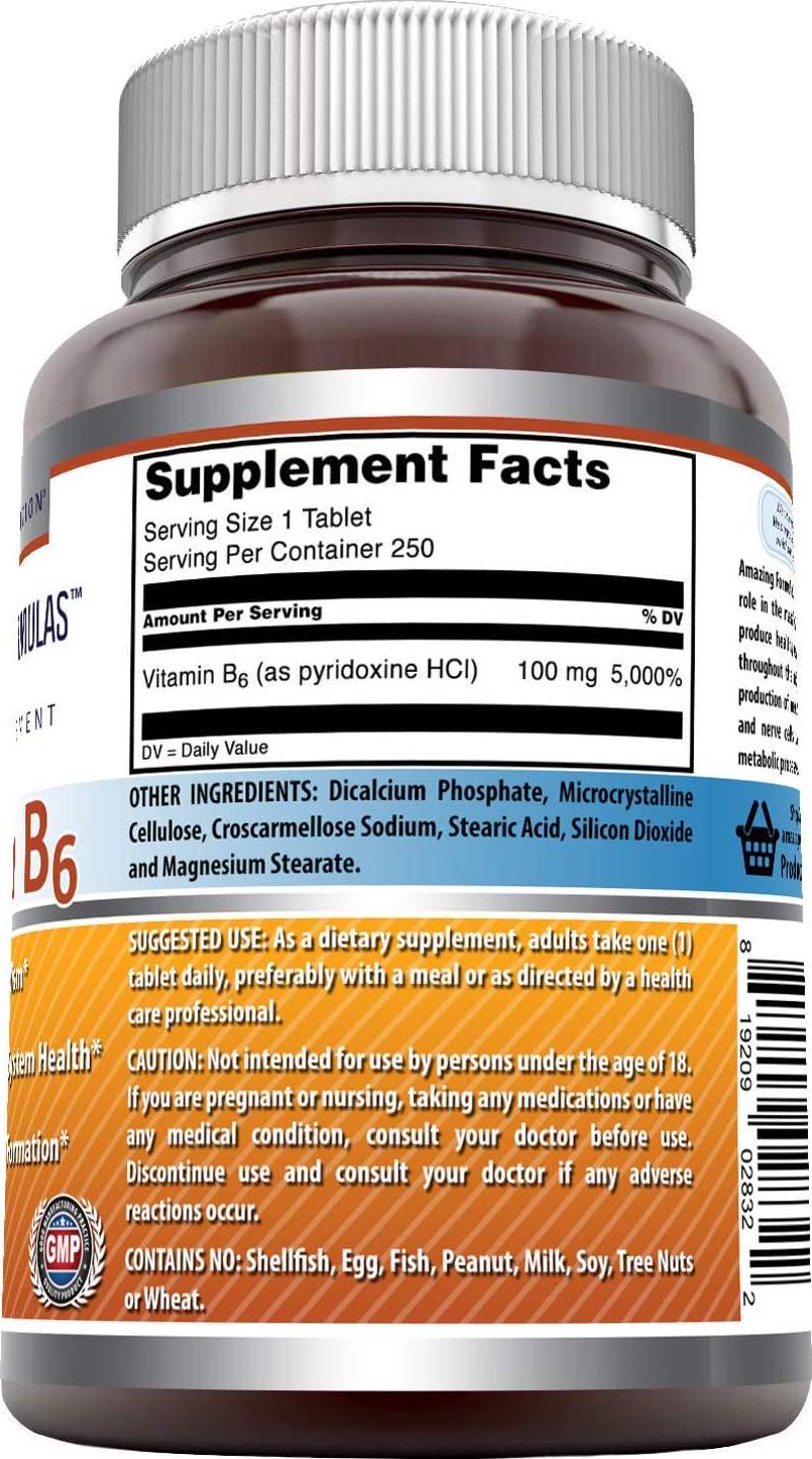 Amazing Nutrition Vitamin B6 Dietary Supplement – 100 mg Tablets (Non-GMO,Gluten Free) – Supports Healthy Nervous System, Metabolism and Cell Health (250 Count)