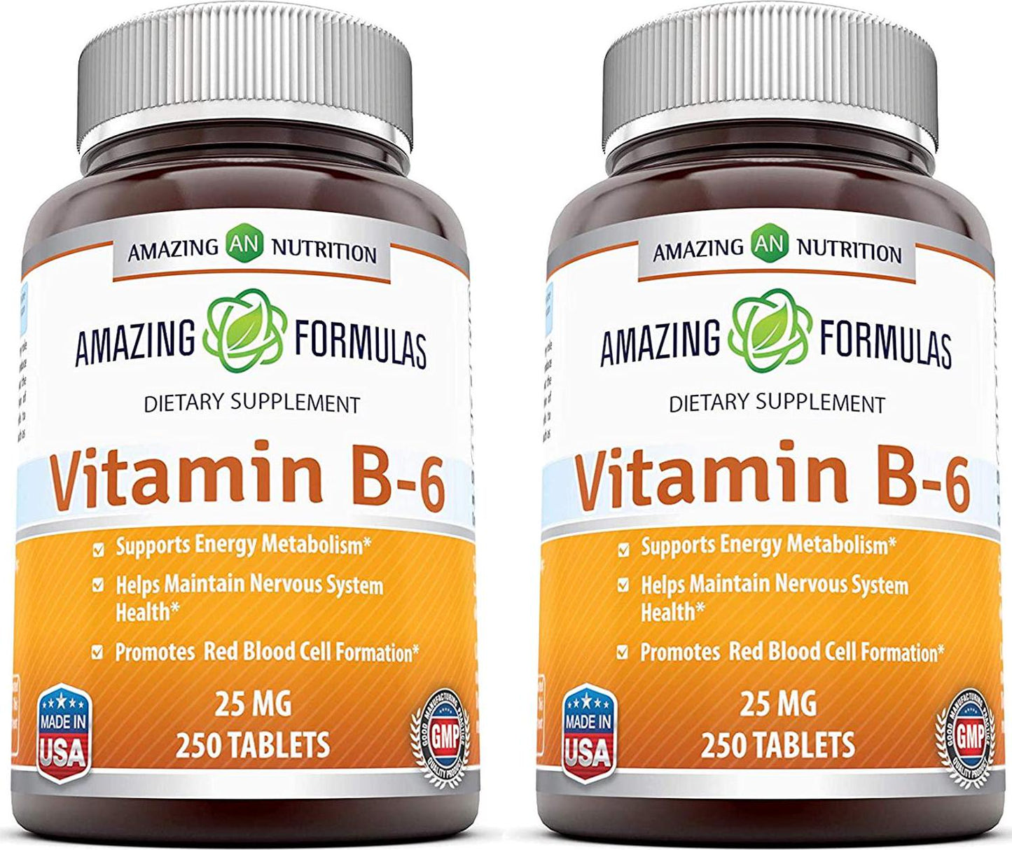 Amazing Nutrition Vitamin B6 Dietary Supplement - 25 mg, Pack of 2-250 Tablets - Supports Healthy Nervous System, Metabolism and Cell Health