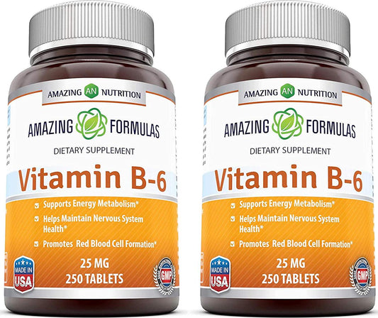 Amazing Nutrition Vitamin B6 Dietary Supplement - 25 mg, Pack of 2-250 Tablets - Supports Healthy Nervous System, Metabolism and Cell Health