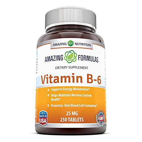 Amazing Nutrition Vitamin B6 Dietary Supplement - 25 mg, Pack of 3-250 Tablets - Supports Healthy Nervous System, Metabolism and Cell Health