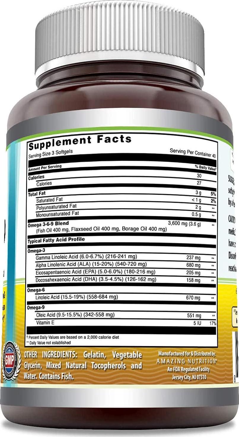 Amazing Omega 3.6.9 1200 mg, Softgels * Unique Formula Combining Flaxseed Oil 400 mg, Fish Oil 400 mg and Borage Oil 400 mg * Rich in Omega-3, Omega-6 and Omega-9 Fatty Acids * (250 Count)