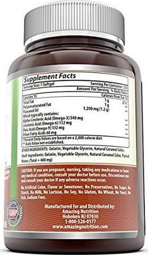 Amazing Omega Flaxseed oil dietary supplement 1200 mg- 250 softgels (Non-GMO,Gluten Free) – Excellent source of Omega 3s - Supports Heart health, Joint health, Immune system health, Digestive function