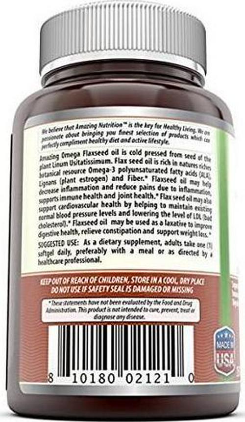 Amazing Omega Flaxseed oil dietary supplement 1200 mg- 250 softgels (Non-GMO,Gluten Free) – Excellent source of Omega 3s - Supports Heart health, Joint health, Immune system health, Digestive function