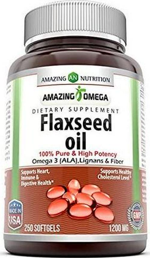 Amazing Omega Flaxseed oil dietary supplement 1200 mg- 250 softgels (Non-GMO,Gluten Free) – Excellent source of Omega 3s - Supports Heart health, Joint health, Immune system health, Digestive function
