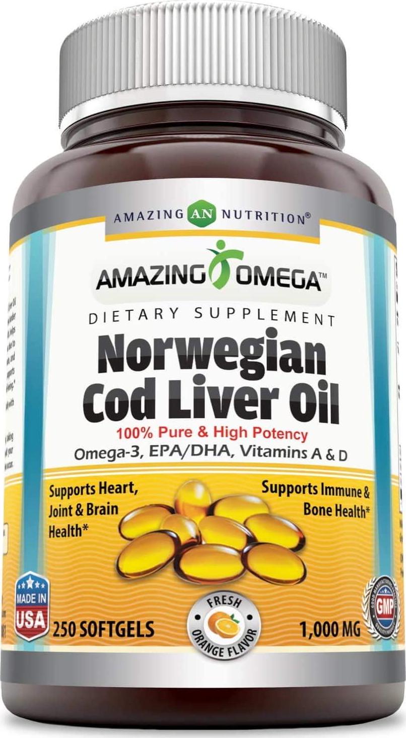 Amazing Omega Norwegian Cod Liver Oil 1000 Mg, Softgels (Orange, 250 Softgels)
