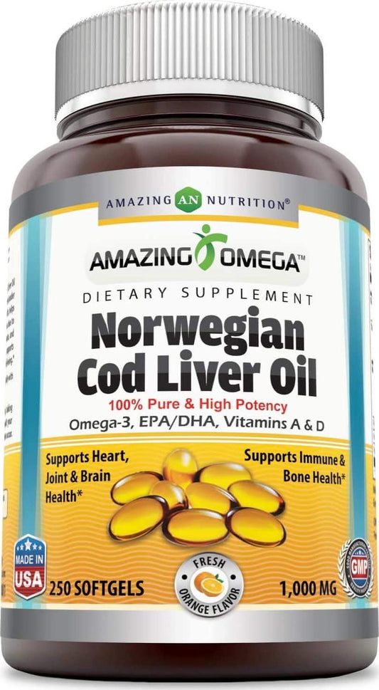 Amazing Omega Norwegian Cod Liver Oil 1000 Mg, Softgels (Orange, 250 Softgels)