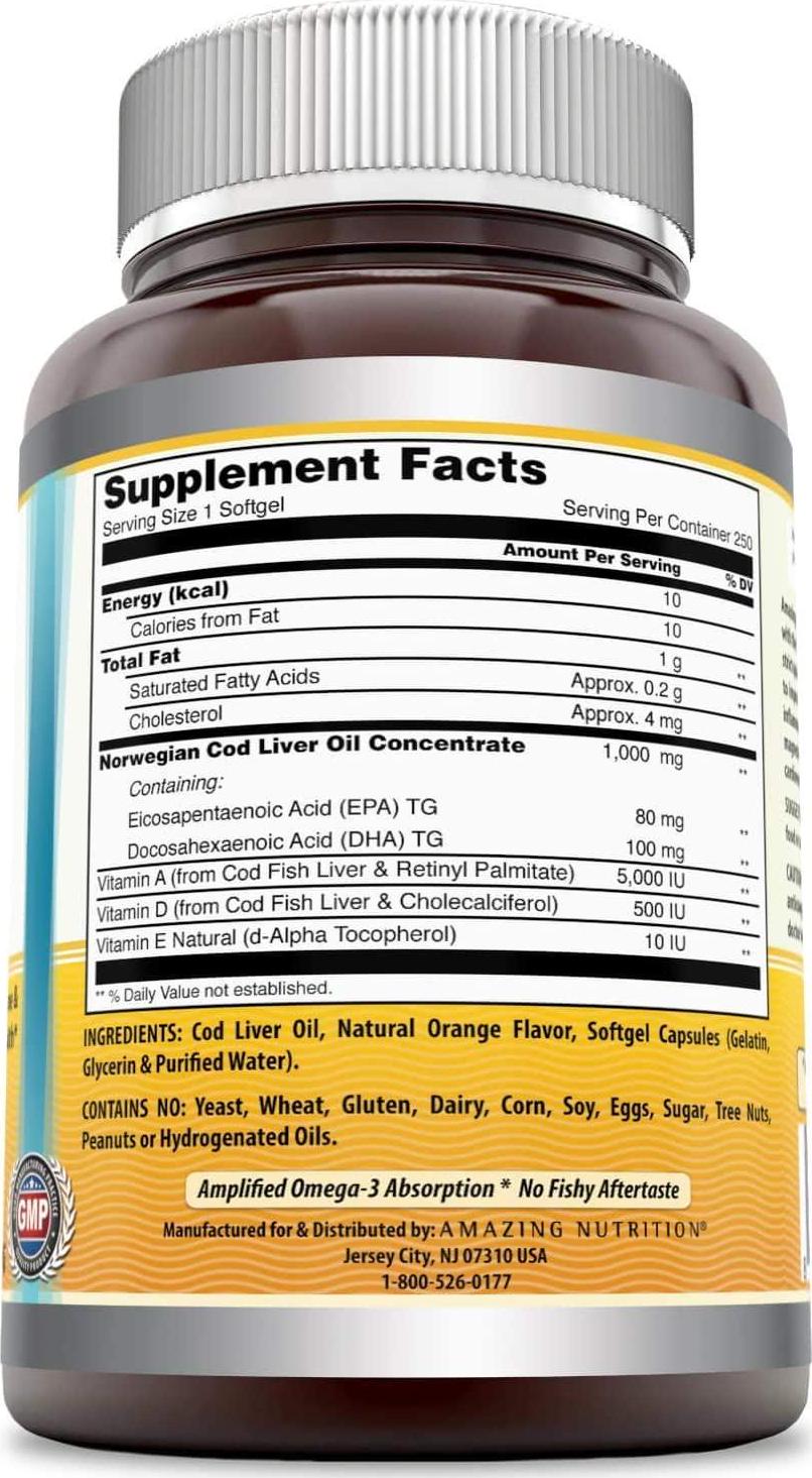 Amazing Omega Norwegian Cod Liver Oil 1000 Mg, Softgels (Orange, 250 Softgels)