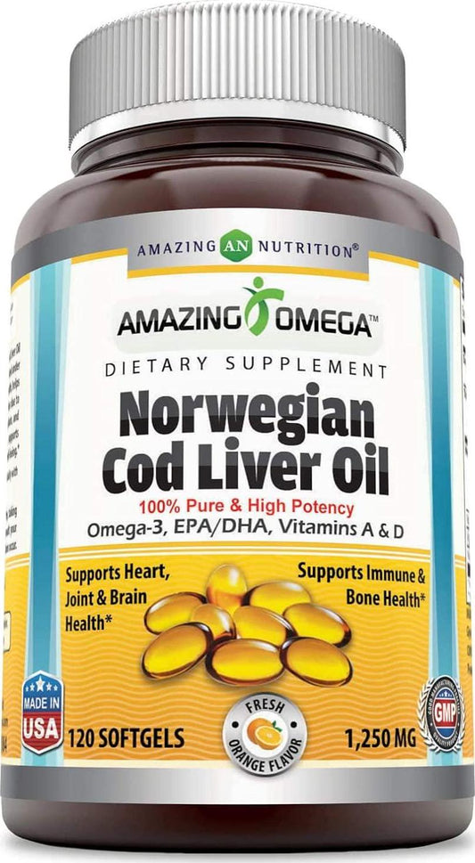 Amazing Omega Norwegian Cod Liver Oil-1250mg120 Softgels(Non-GMO,Gluten Free) Best Quality Cod Liver Oil,Extracted Under Strict Quality Standards from Around The Waters of Norway(Fresh Orange Flavor)