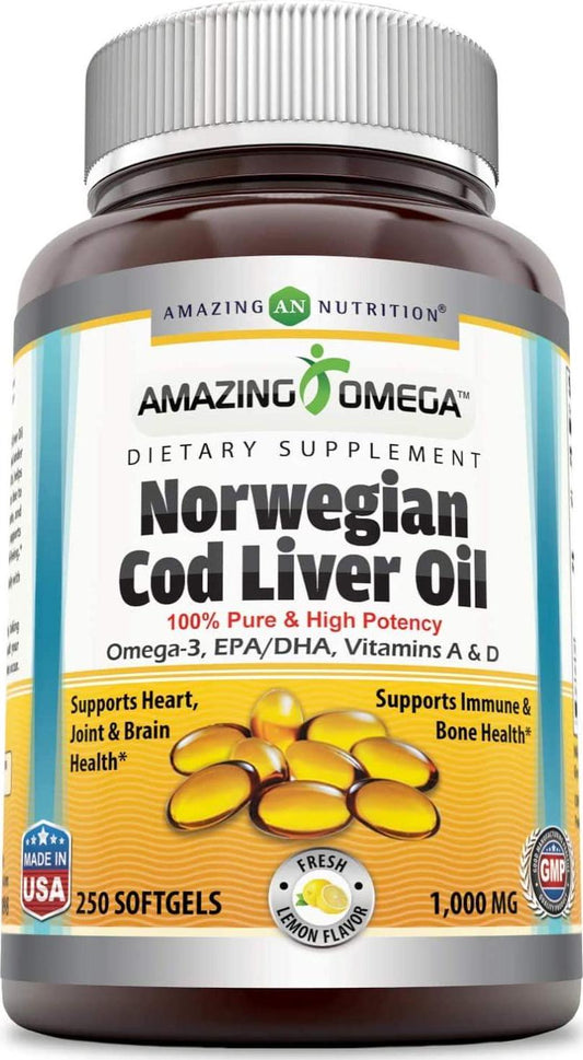 Amazing Omega Norwegian Cod Liver Oil 1000 Mg, Softgels (Lemon, 250 Softgels) -Supports Heart, Joint, Brain, Bone and Immune Health (Non-Gmo,Gluten Free)
