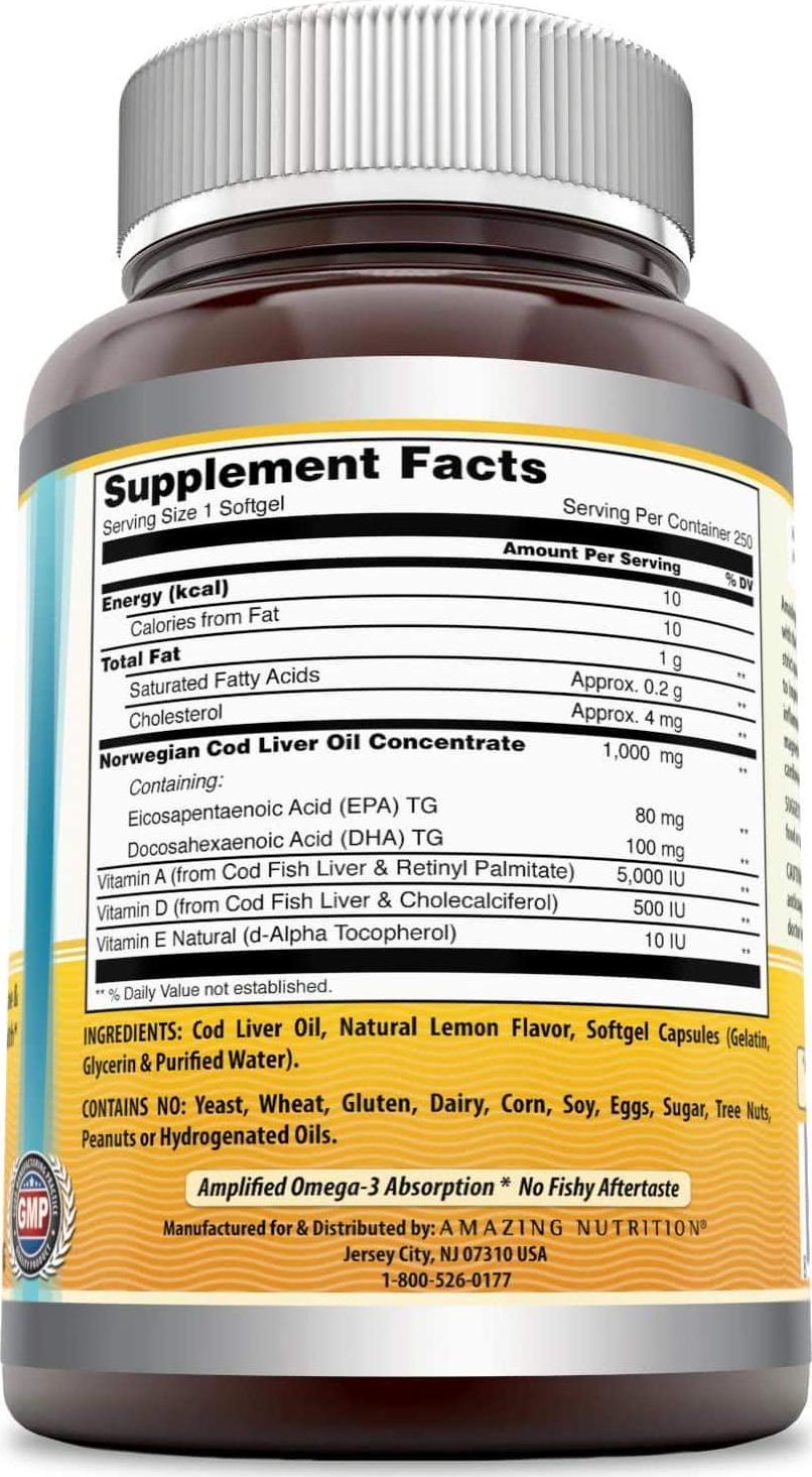 Amazing Omega Norwegian Cod Liver Oil 1000 Mg, Softgels (Lemon, 250 Softgels) -Supports Heart, Joint, Brain, Bone and Immune Health (Non-Gmo,Gluten Free)