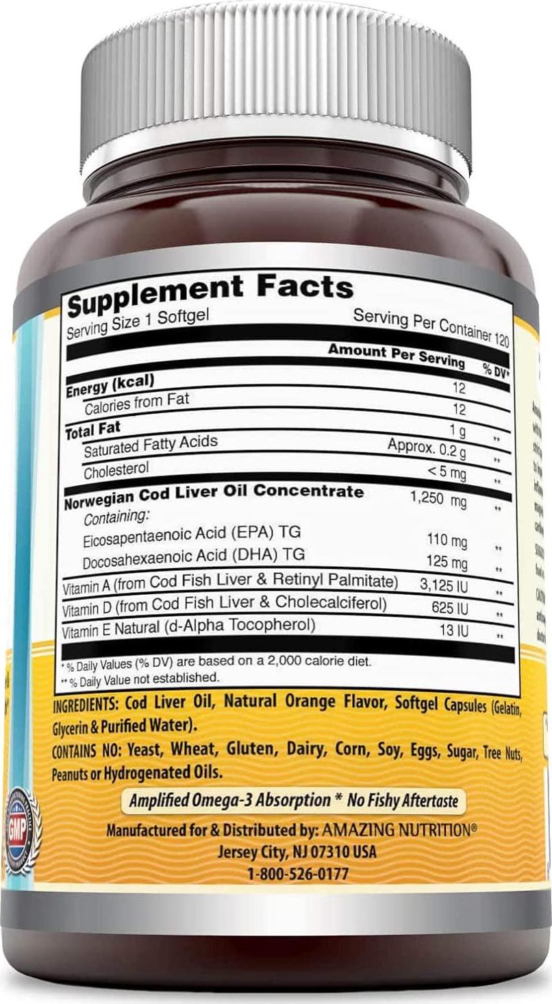 Amazing Omega Norwegian Cod Liver Oil-1250mg120 Softgels(Non-GMO,Gluten Free) Best Quality Cod Liver Oil,Extracted Under Strict Quality Standards from Around The Waters of Norway(Fresh Orange Flavor)