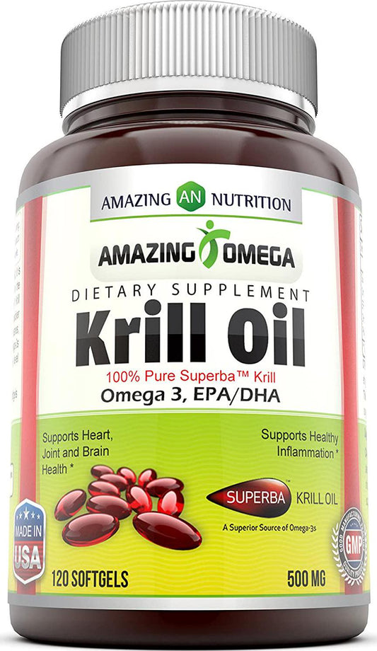 Amazing Omega Superba Krill Oil 500 Mg Softgels - 200mg Omega 3 Fatty Acids with 120 mg EPA and 56 mg DHA in Per Serving of 2 Softgels - Best Omega 3 Supplements (120 Count)