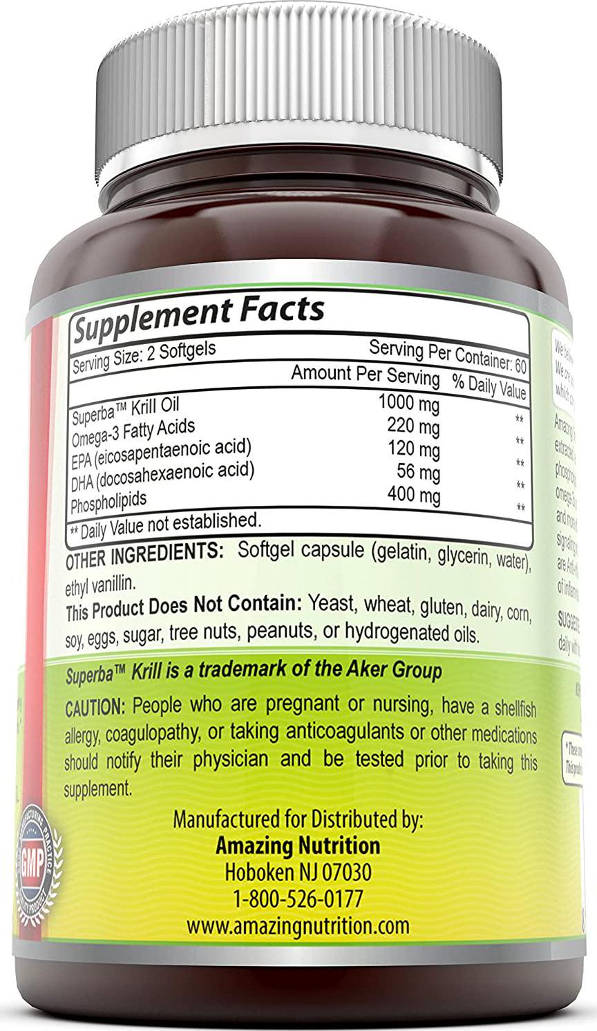 Amazing Omega Superba Krill Oil 500 Mg Softgels - 200mg Omega 3 Fatty Acids with 120 mg EPA and 56 mg DHA in Per Serving of 2 Softgels - Best Omega 3 Supplements (120 Count)