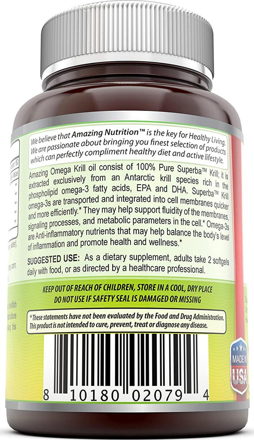 Amazing Omega Superba Krill Oil 500 Mg Softgels - 200mg Omega 3 Fatty Acids with 120 mg EPA and 56 mg DHA in Per Serving of 2 Softgels - Best Omega 3 Supplements (120 Count)