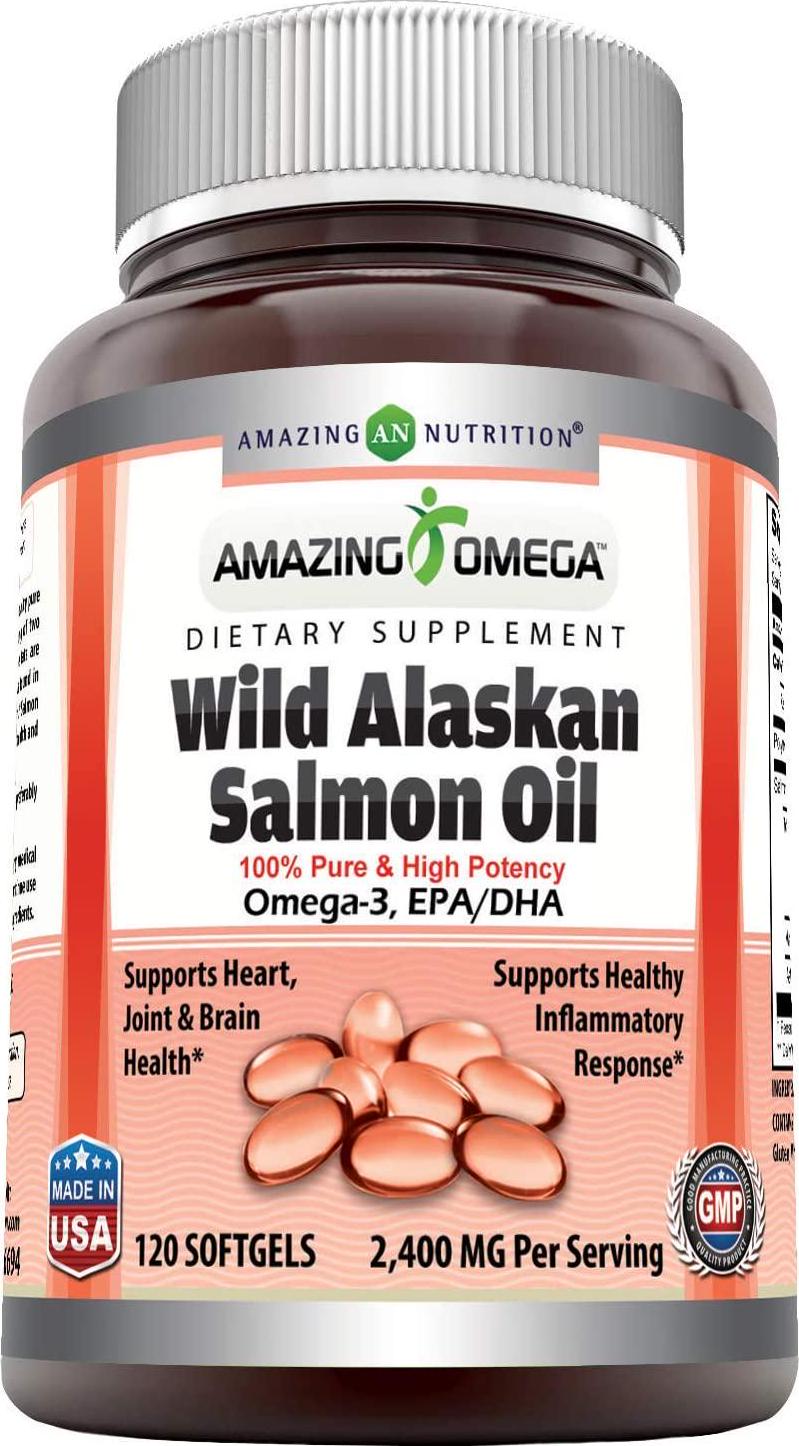 Amazing Omega Wild Alaskan Salmon Oil-2400 mg Salmon Oil Per Serving,120 Softgels(Non-GMO,Gluten Free)-Supports Heart, Joint and Brain Health and Promotes Healthy inflammatory Response