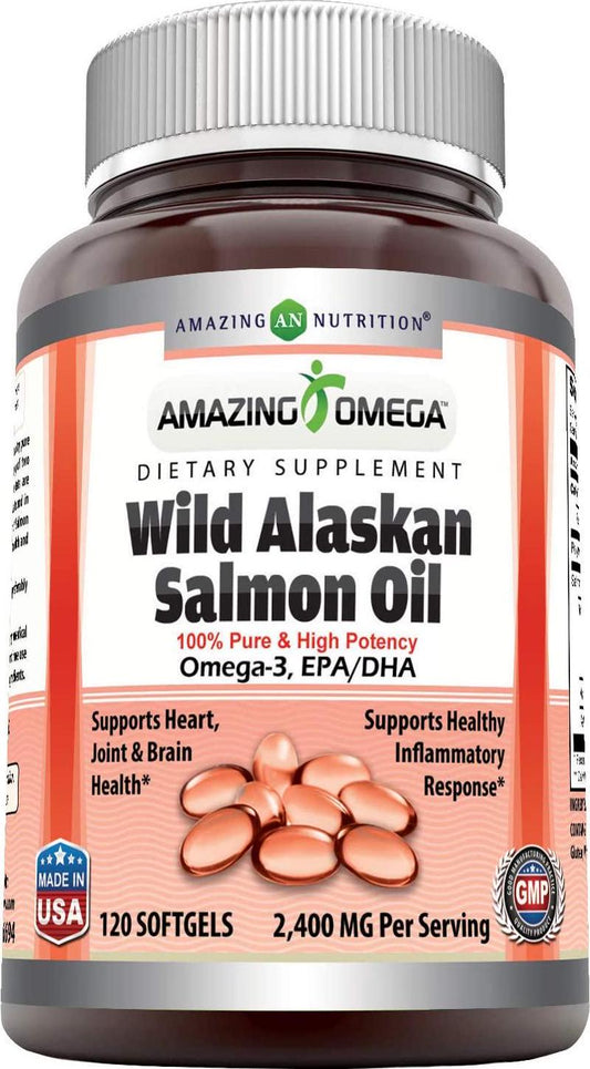 Amazing Omega Wild Alaskan Salmon Oil-2400 mg Salmon Oil Per Serving,120 Softgels(Non-GMO,Gluten Free)-Supports Heart, Joint and Brain Health and Promotes Healthy inflammatory Response