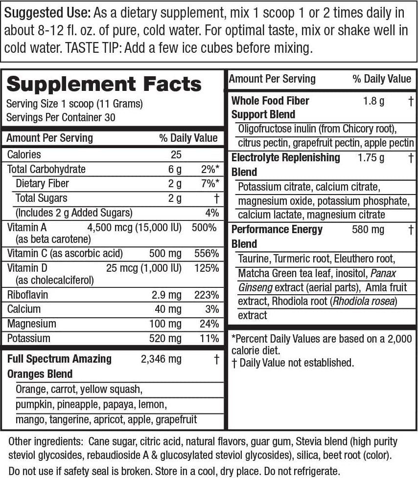 Amazing Oranges Powder by Purity Products - Power Packed with Vitamin C, Vitamin D, Calcium, Magnesium, Potassium, Fiber, Electrolytes and Bio Flavonoids - 30 Day Supply