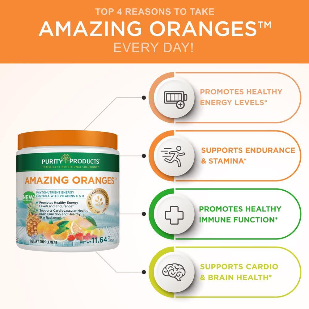 Amazing Oranges Powder by Purity Products - Power Packed with Vitamin C, Vitamin D, Calcium, Magnesium, Potassium, Fiber, Electrolytes and Bio Flavonoids - 30 Day Supply