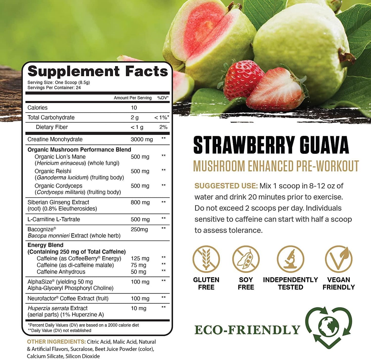 Ambrosia Kinetic Organic Preworkout, Mushroom Enhanced Natural Pre Workout Supplement, Nootropic Superfood Powder for Energy (Strawberry Guava)