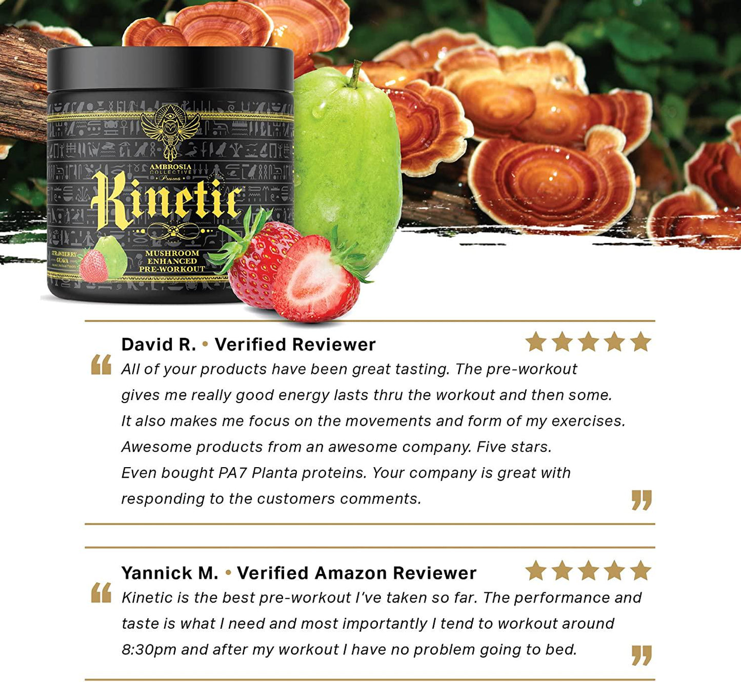 Ambrosia Kinetic Organic Preworkout, Mushroom Enhanced Natural Pre Workout Supplement, Nootropic Superfood Powder for Energy (Strawberry Guava)