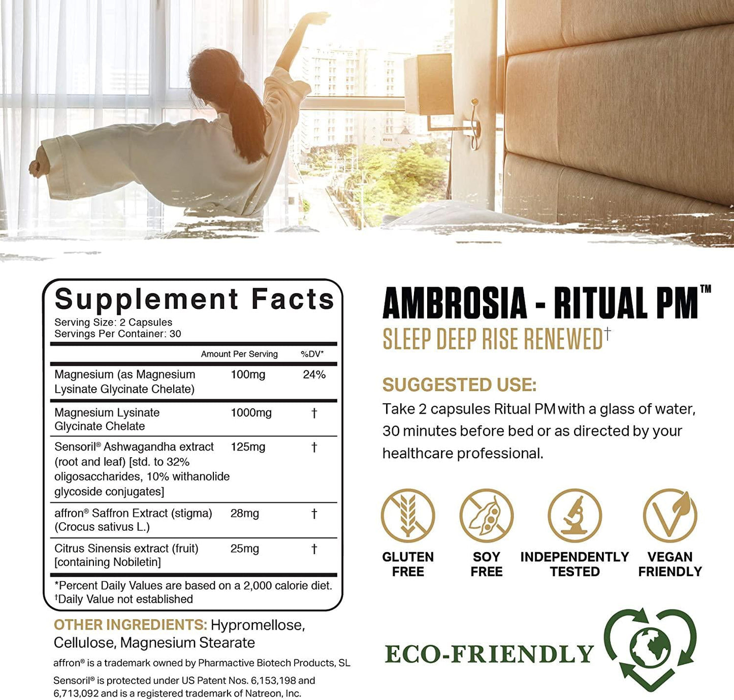 Ambrosia Ritual PM - Deep Sleep Booster | Super Mood Elevation | Circadian Rhythm and Recovery Enhancement | Cortisol Control | Clinically Proven Natural Formula Better Than Melatonin - 60 Veggie Caps