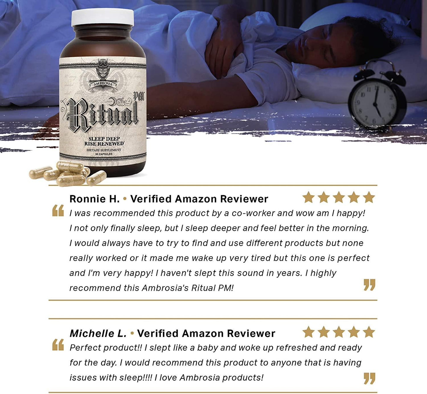 Ambrosia Ritual PM - Deep Sleep Booster | Super Mood Elevation | Circadian Rhythm and Recovery Enhancement | Cortisol Control | Clinically Proven Natural Formula Better Than Melatonin - 60 Veggie Caps
