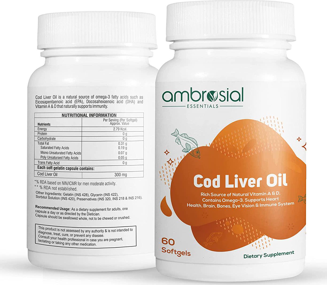 Ambrosial's Pure Cod Fish Liver Oil 300mg | Omega 3 Fatty Acid | Vitamin A, and Vitamin D - 60 Softgels