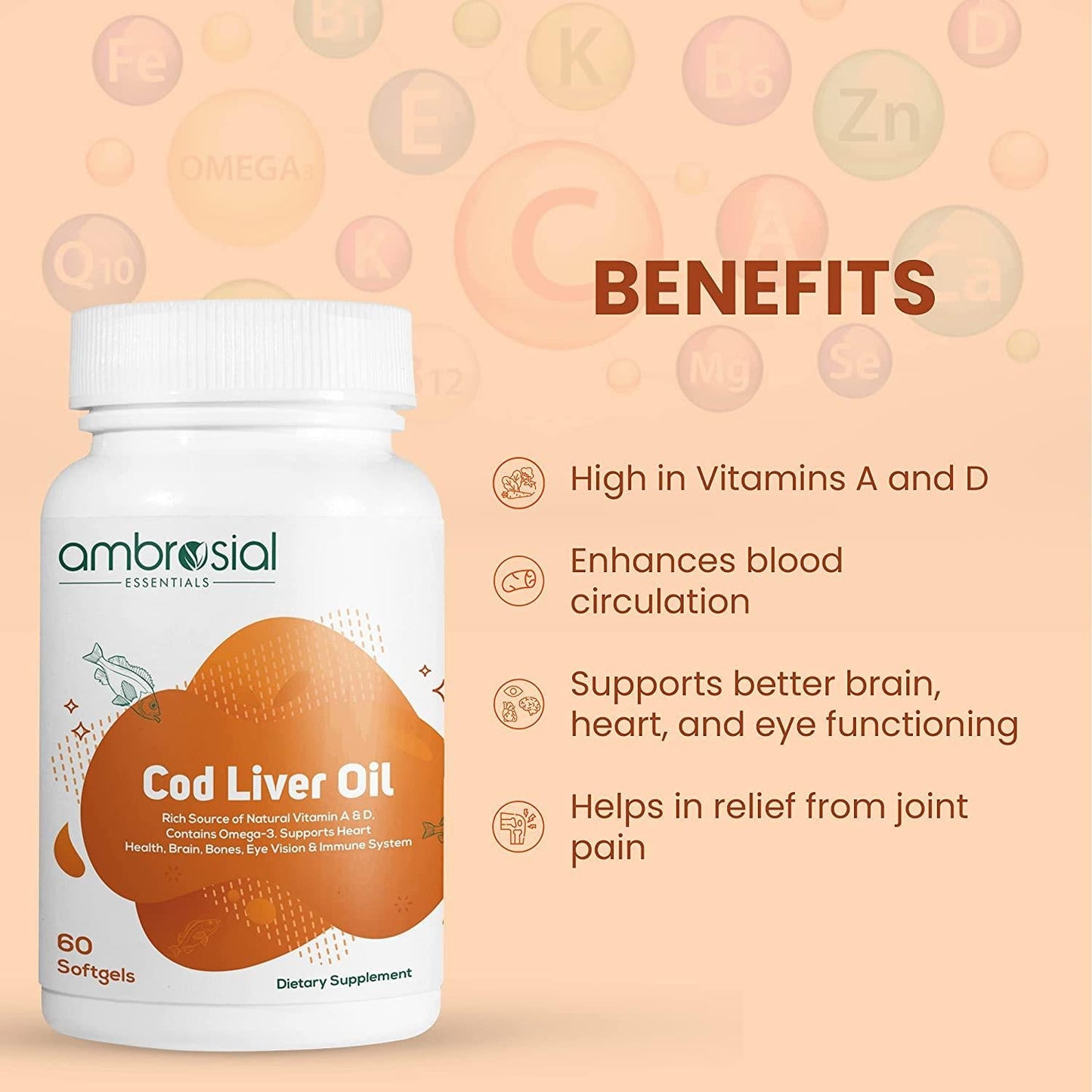 Ambrosial's Pure Cod Fish Liver Oil 300mg | Omega 3 Fatty Acid | Vitamin A, and Vitamin D - 60 Softgels