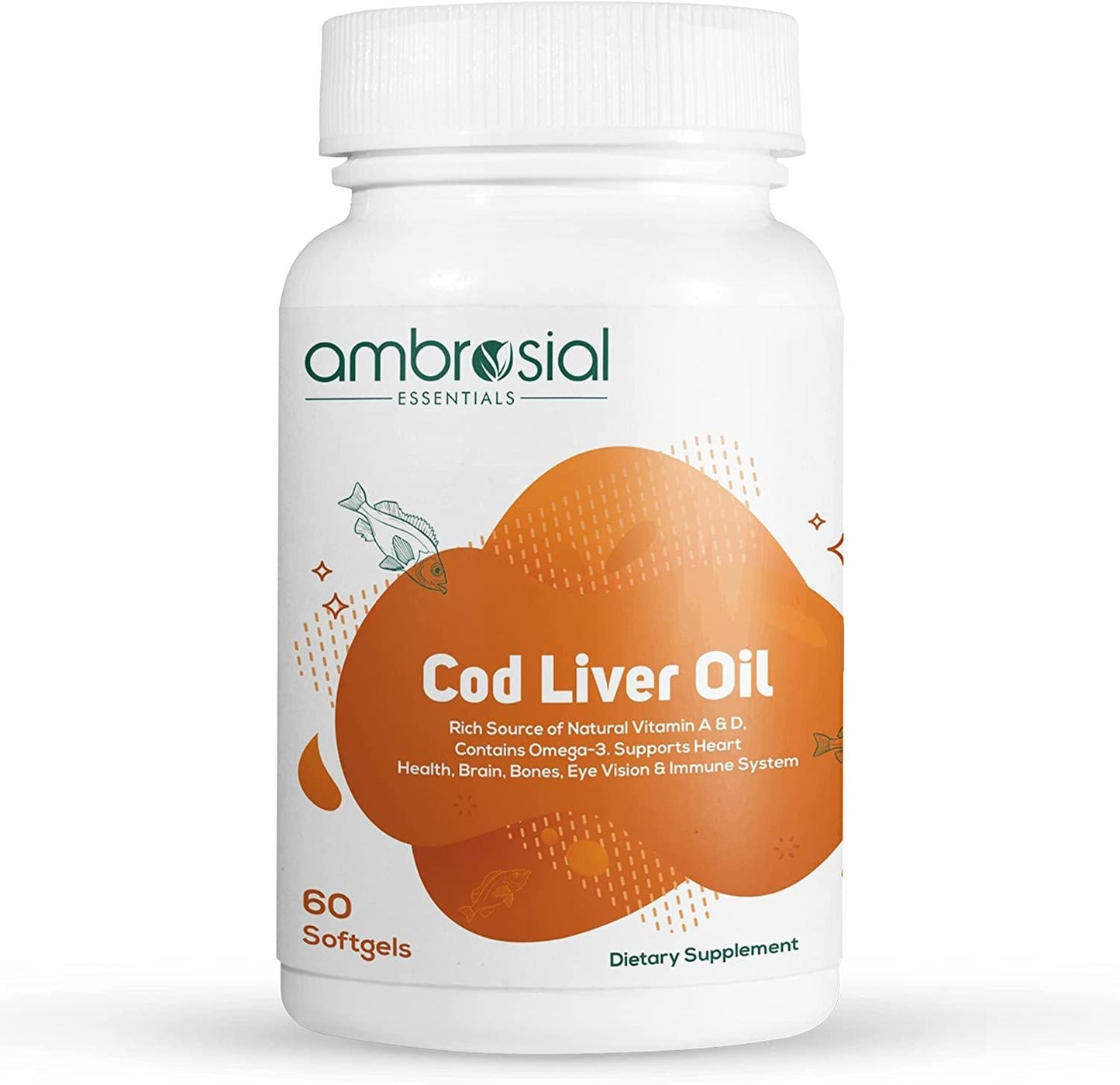 Ambrosial's Pure Cod Fish Liver Oil 300mg | Omega 3 Fatty Acid | Vitamin A, and Vitamin D - 60 Softgels