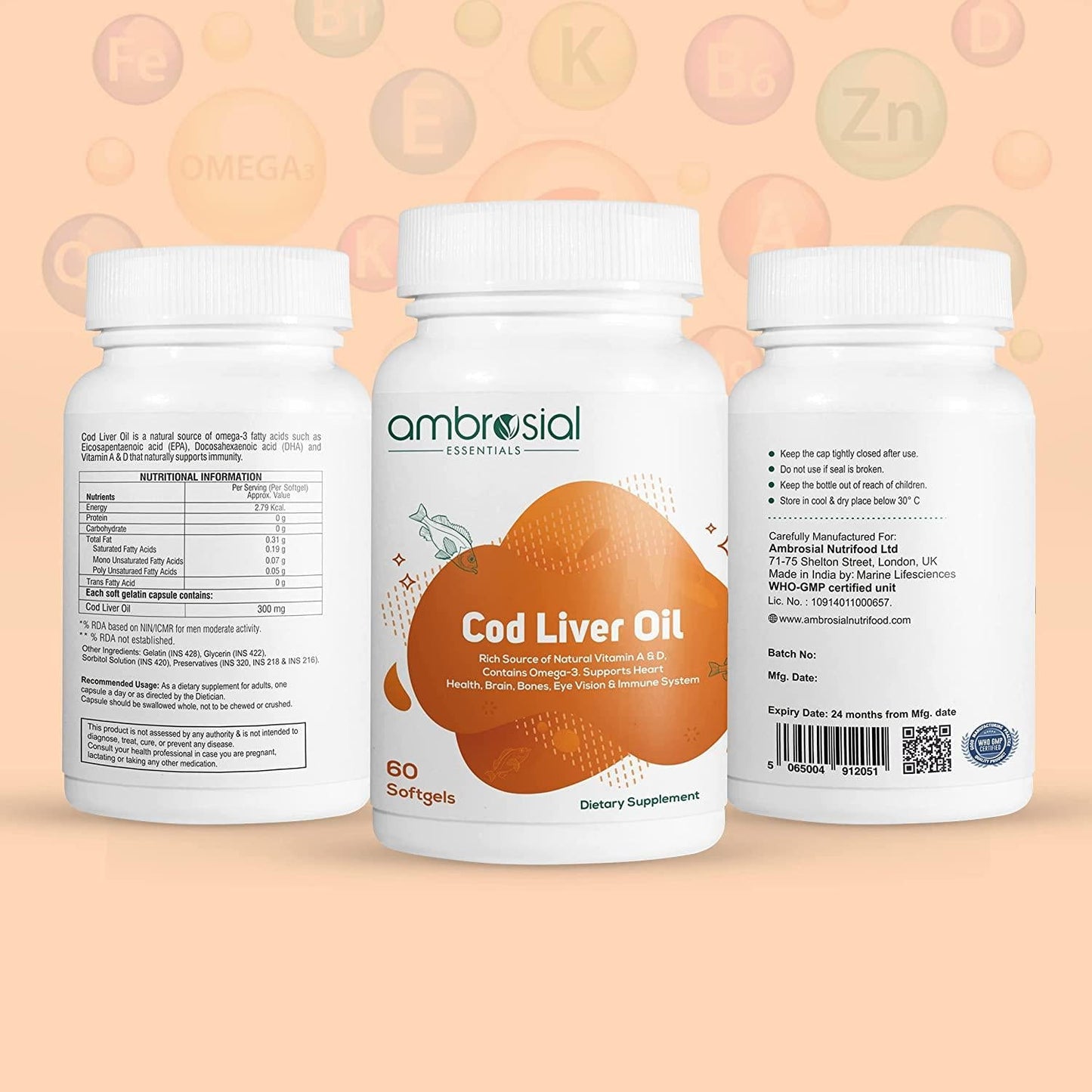 Ambrosial's Pure Cod Fish Liver Oil 300mg | Omega 3 Fatty Acid | Vitamin A, and Vitamin D - 60 Softgels