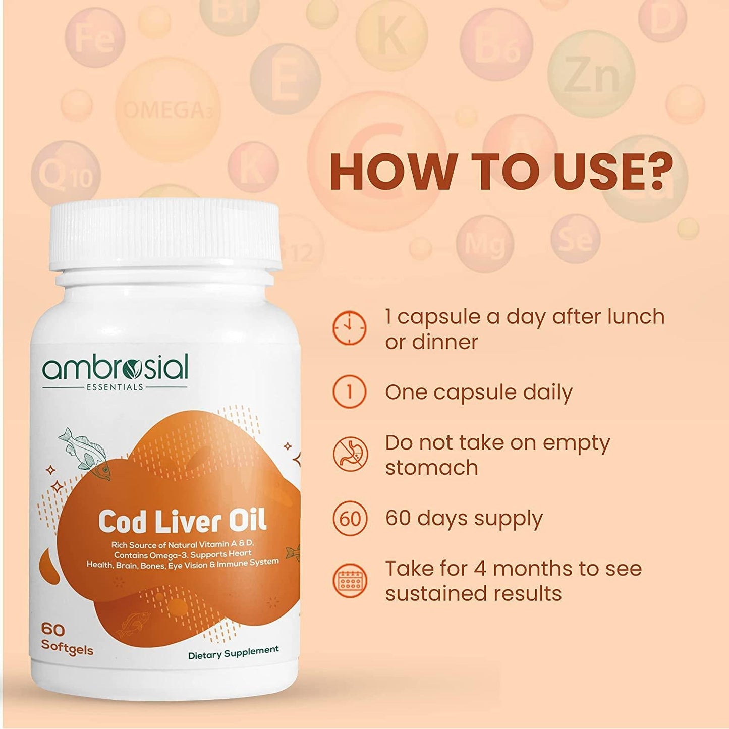 Ambrosial's Pure Cod Fish Liver Oil 300mg | Omega 3 Fatty Acid | Vitamin A, and Vitamin D - 60 Softgels
