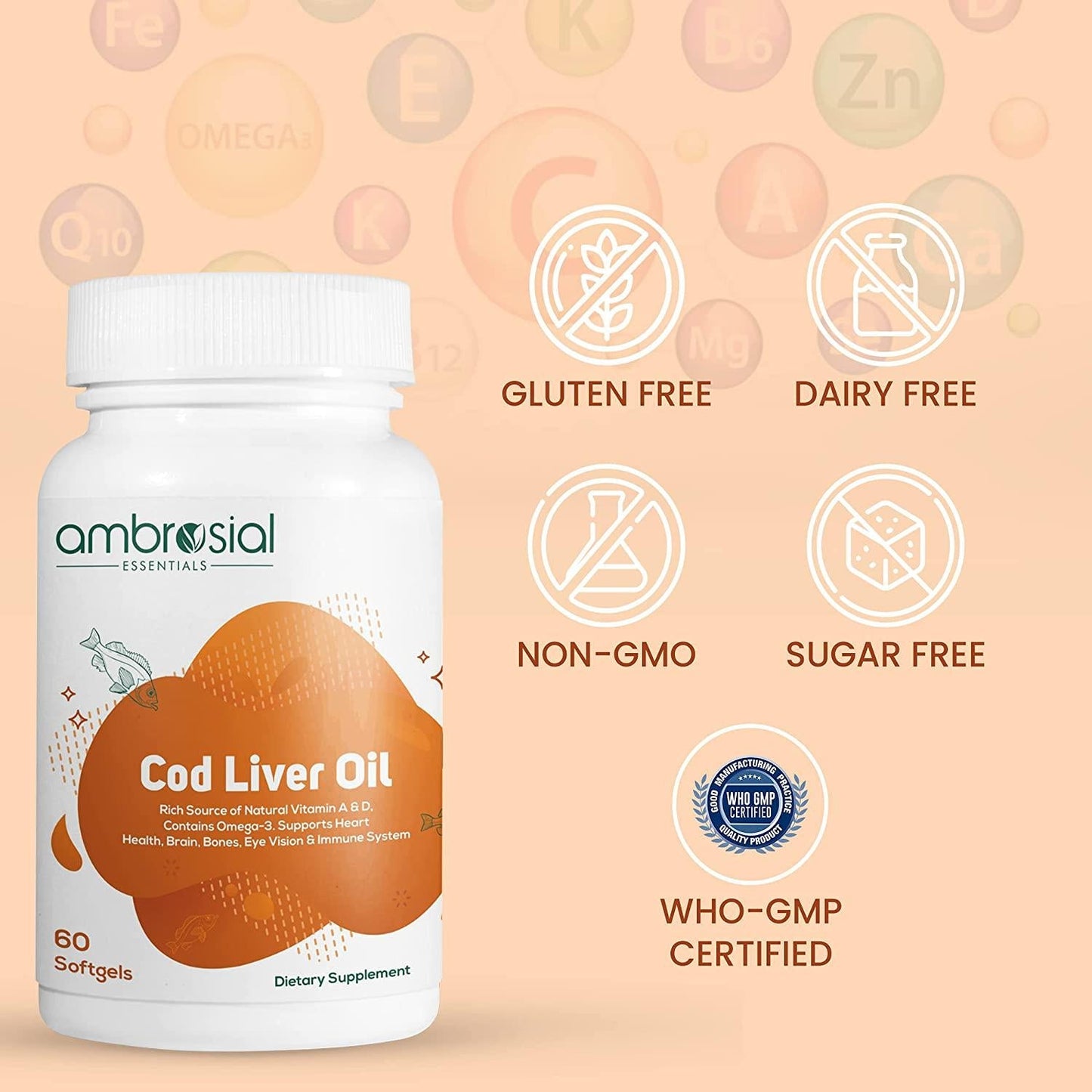 Ambrosial's Pure Cod Fish Liver Oil 300mg | Omega 3 Fatty Acid | Vitamin A, and Vitamin D - 60 Softgels