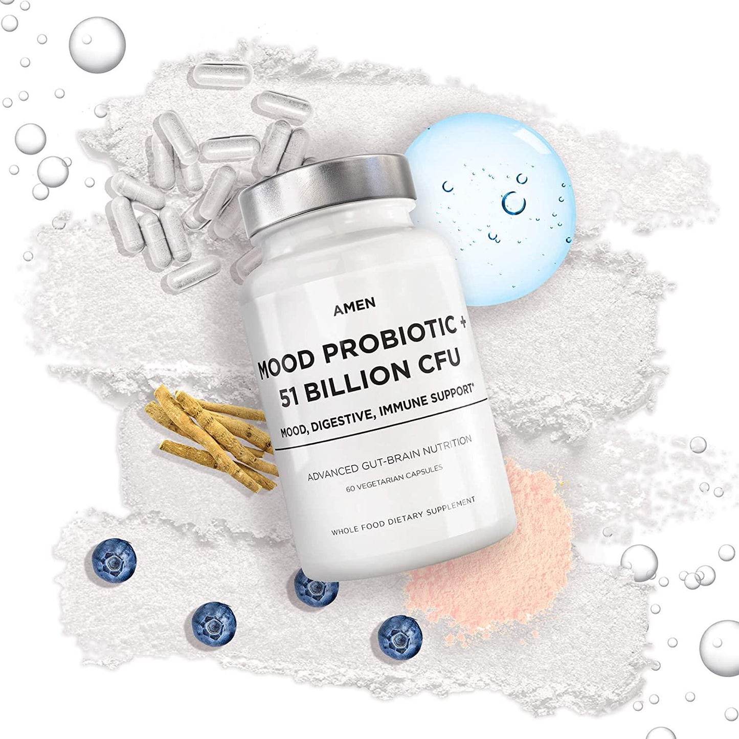 Amen Mood Probiotics + 51 Billion CFU - Mood Digestive and Immune Support - Acidophilus Probiotic Supplement - Promotes Emotional Health, Relaxation, Digestive Balance, Gluten Free - 60 Veggie Capsules