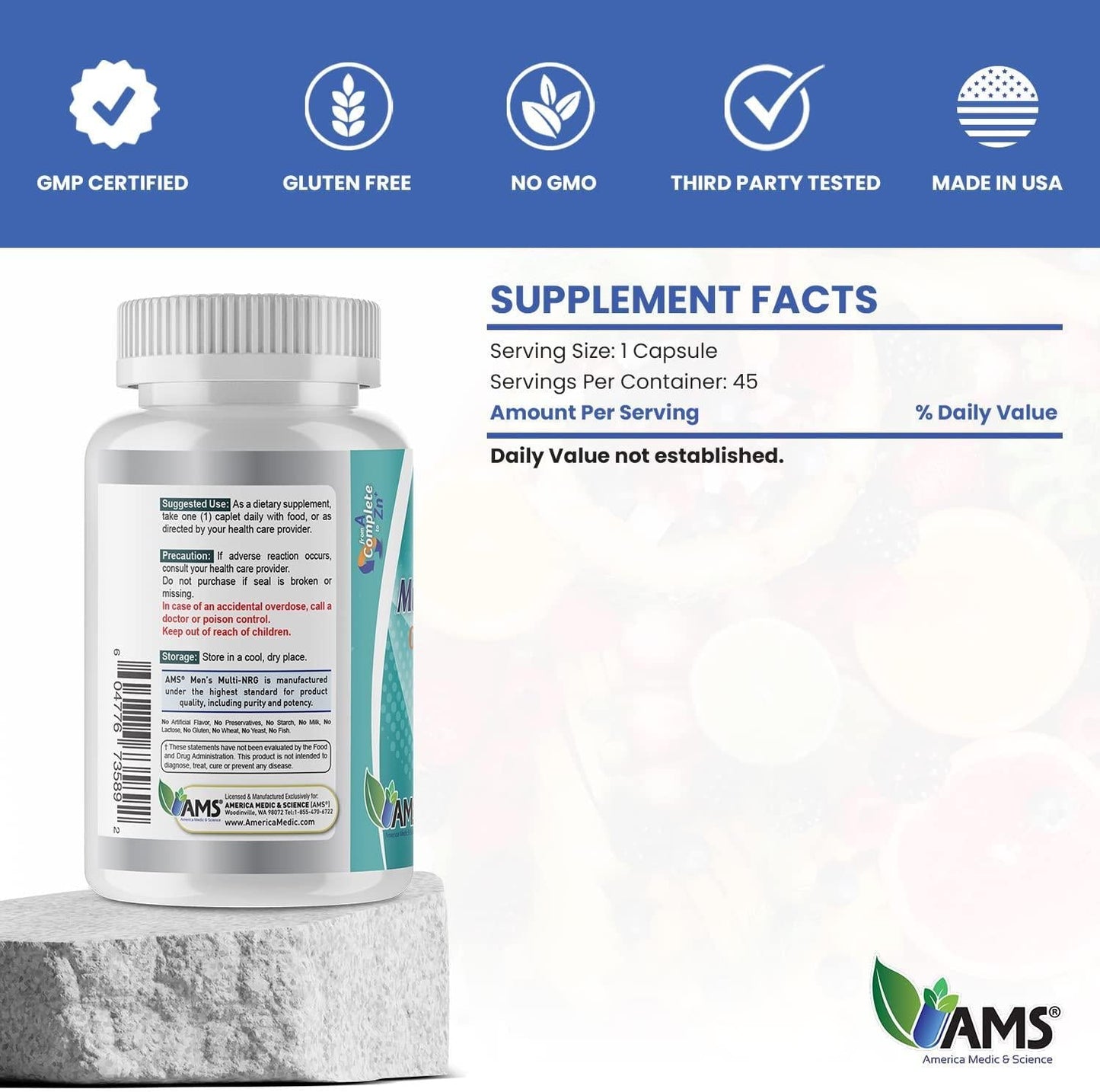 America Medic and Science Multi-NRG (45 Caplets) | Daily Multivitamin for Men |