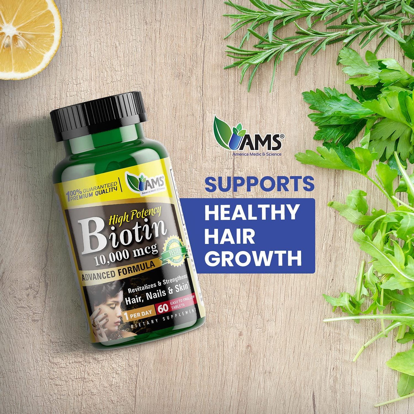 America Medic and Science Biotin 10000 MCG - Healthy Hair, Skin, and Nails, Metabolism (60)