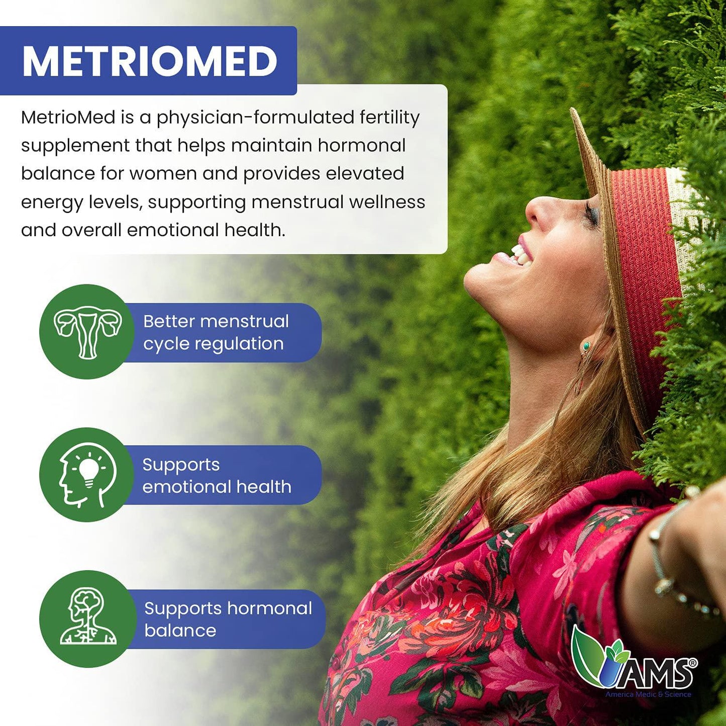 America Medic and Science MetrioMed (60 Capsules) Fertility Supplement for Women, Natural Pills with Black Cohosh, Chasteberry and Red Clover Herbs, Mood Support, Female Hormone Balance