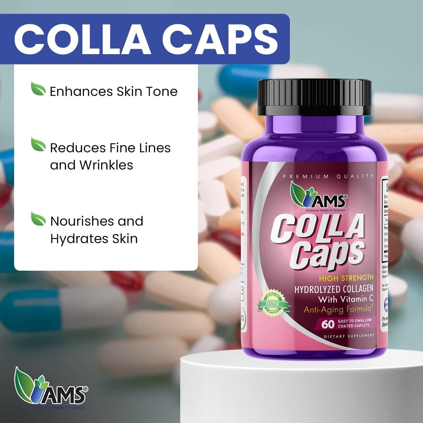 America Medic and Science Colla Caps (60 Caplets) | Collagen and Hyaluronic Acid Supplement with Vitamin C | For Men and Women | Repairs and Restores Skin Elasticity | Promotes Healthy Hair Growth