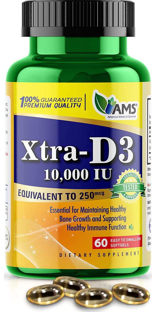 America Medic and Science Xtra D3 Vitamin D 10,000 IU (250 mcg) Cholecalciferol Supplement for Men and Women (60 Easy to Swallow Softgels) Best for Bone, Heart Health, Immune System Support, Lung Function