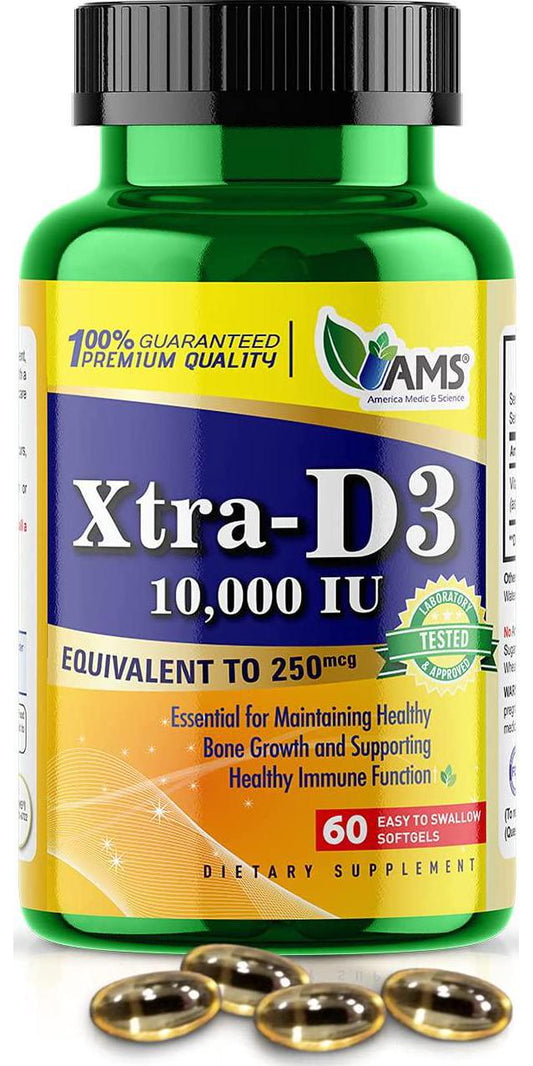 America Medic and Science Xtra D3 Vitamin D 10,000 IU (250 mcg) Cholecalciferol Supplement for Men and Women (60 Easy to Swallow Softgels) Best for Bone, Heart Health, Immune System Support, Lung Function