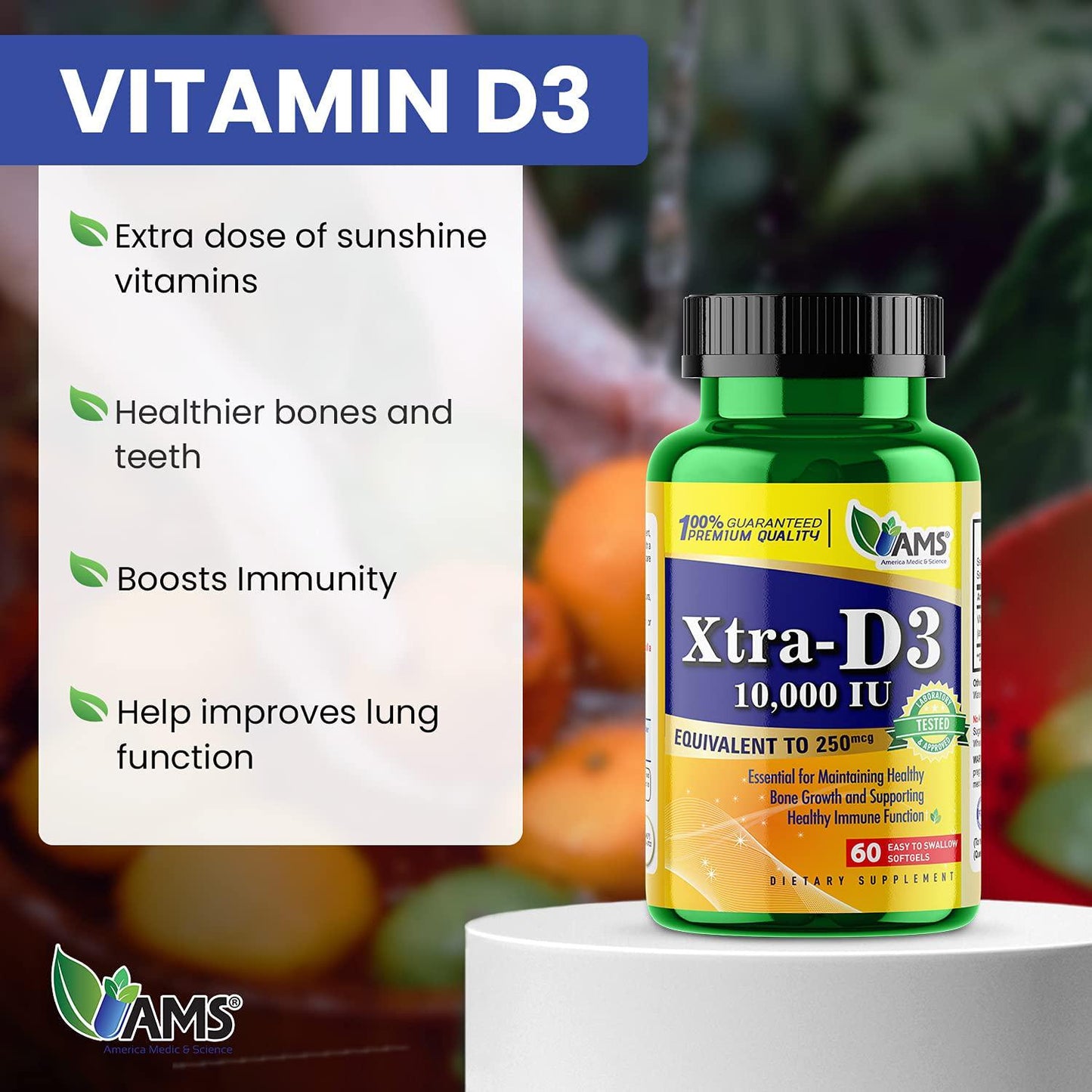 America Medic and Science Xtra D3 Vitamin D 10,000 IU (250 mcg) Cholecalciferol Supplement for Men and Women (60 Easy to Swallow Softgels) Best for Bone, Heart Health, Immune System Support, Lung Function