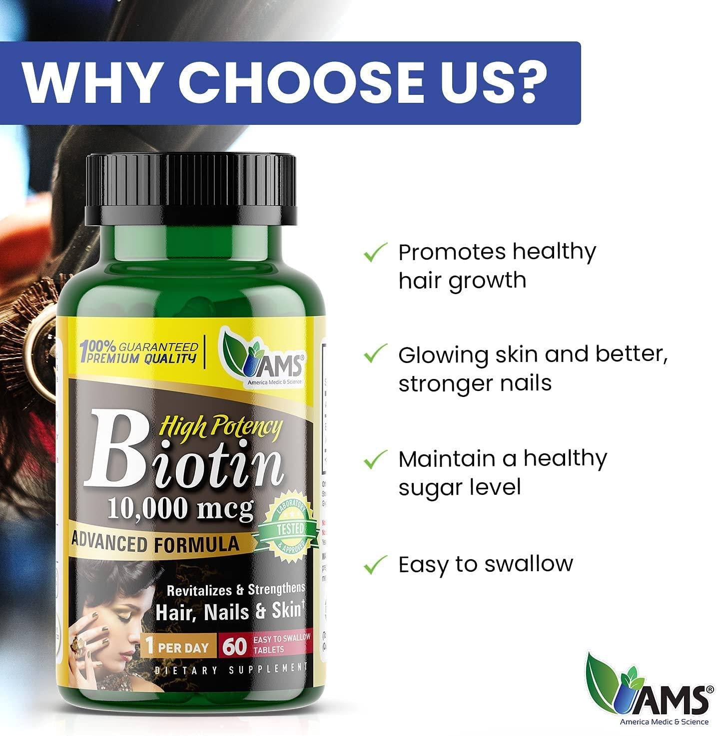 America Medic and Science Biotin 10000 MCG - Healthy Hair, Skin, and Nails, Metabolism (60)