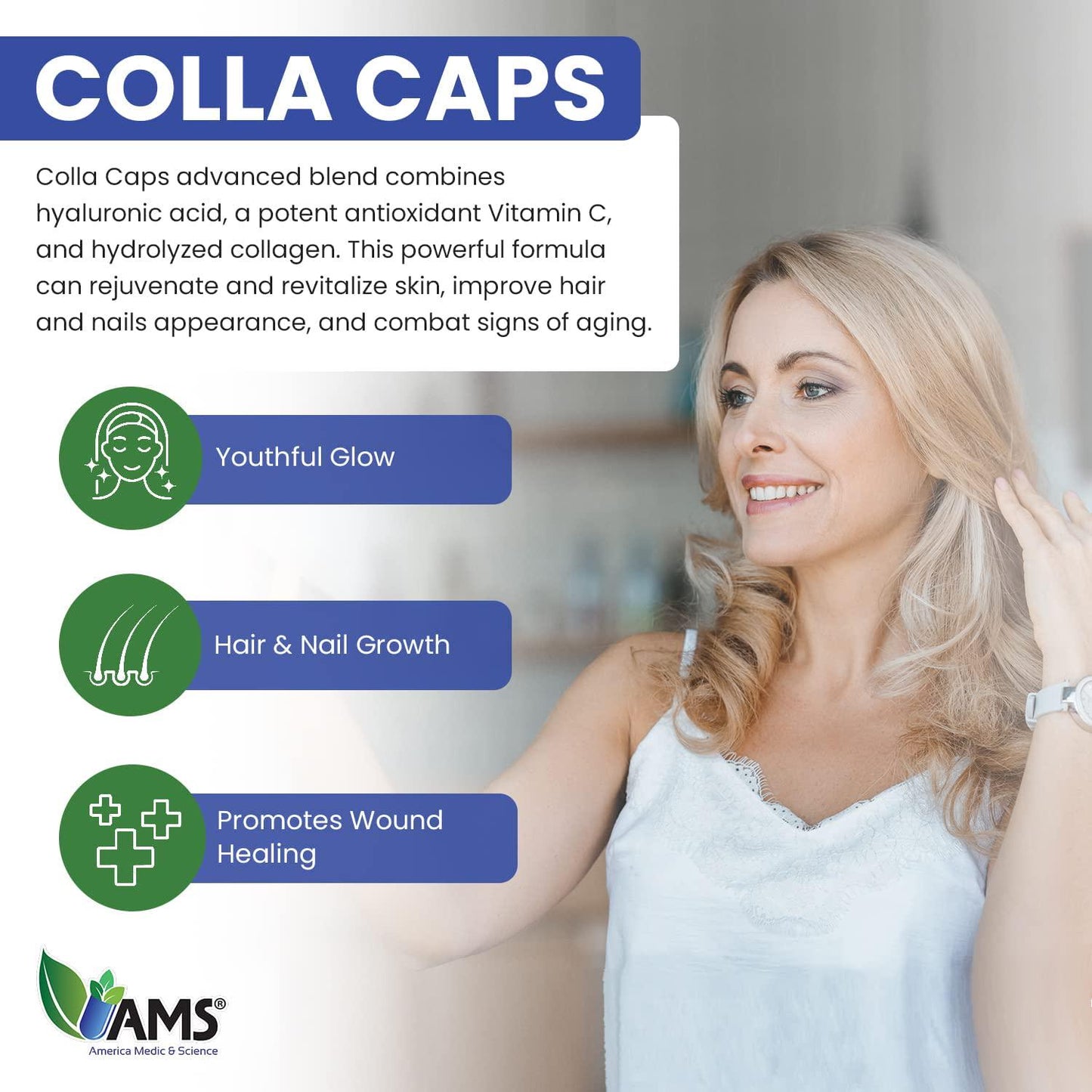 America Medic and Science Colla Caps (60 Caplets) | Collagen and Hyaluronic Acid Supplement with Vitamin C | For Men and Women | Repairs and Restores Skin Elasticity | Promotes Healthy Hair Growth