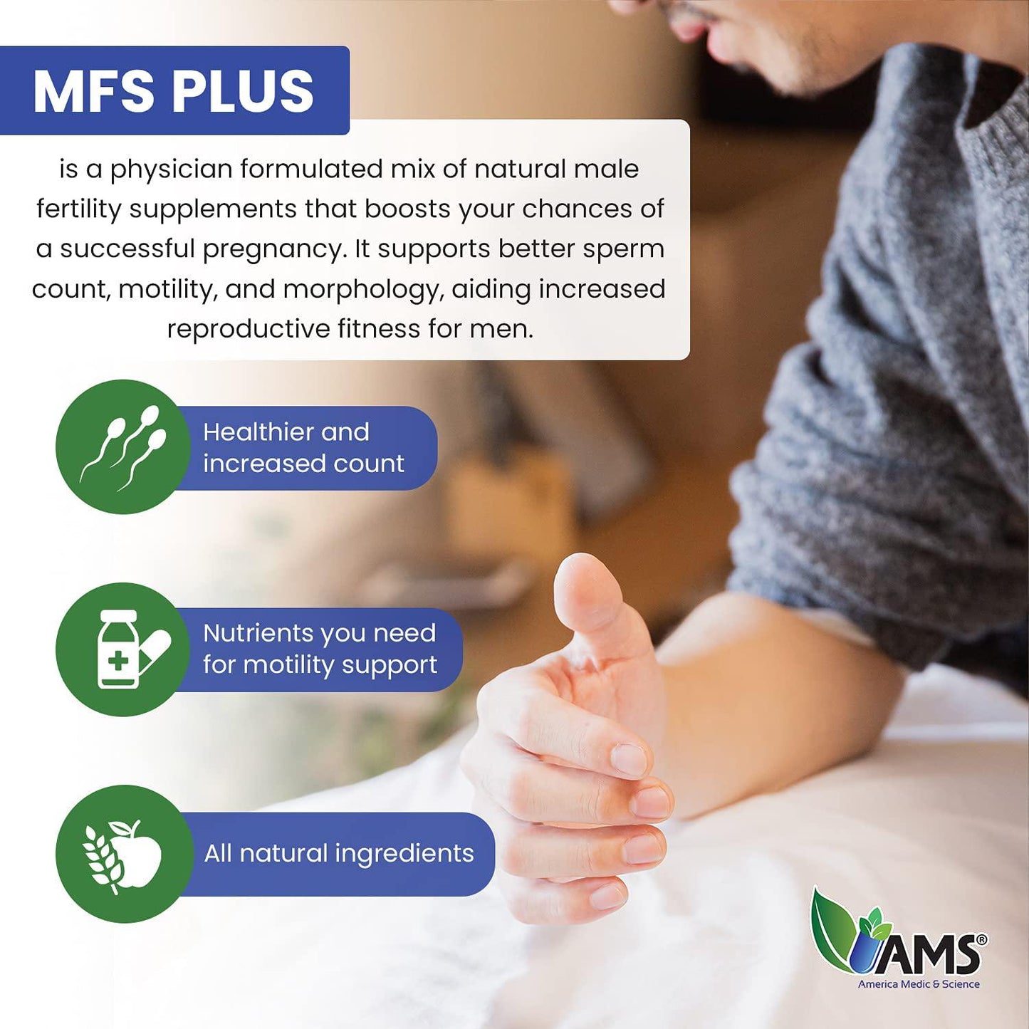 America Medic and Science MFS Plus Fertility Supplements for Men (60 Capsules) Count Booster, Supports Motility | Natural Preconception Vitamins, Reproductive Aid, with Zinc, CoQ10