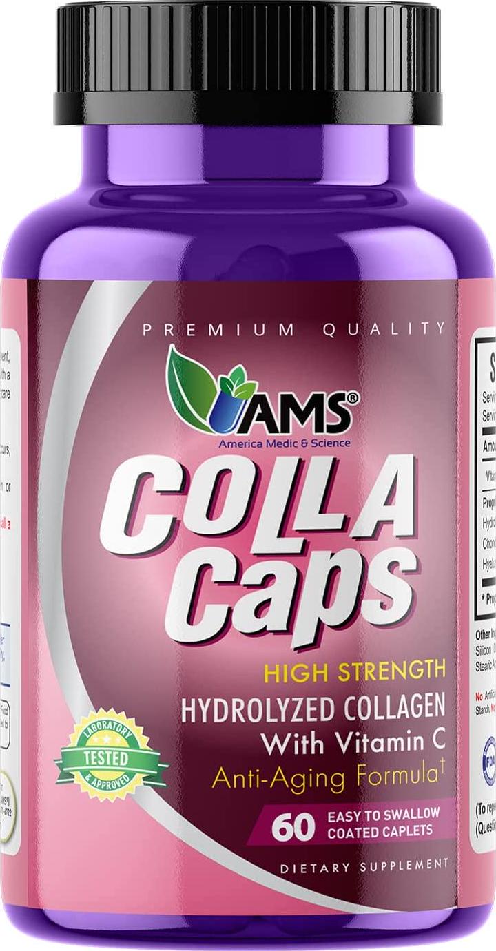 America Medic and Science Colla Caps (60 Caplets) | Collagen and Hyaluronic Acid Supplement with Vitamin C | For Men and Women | Repairs and Restores Skin Elasticity | Promotes Healthy Hair Growth
