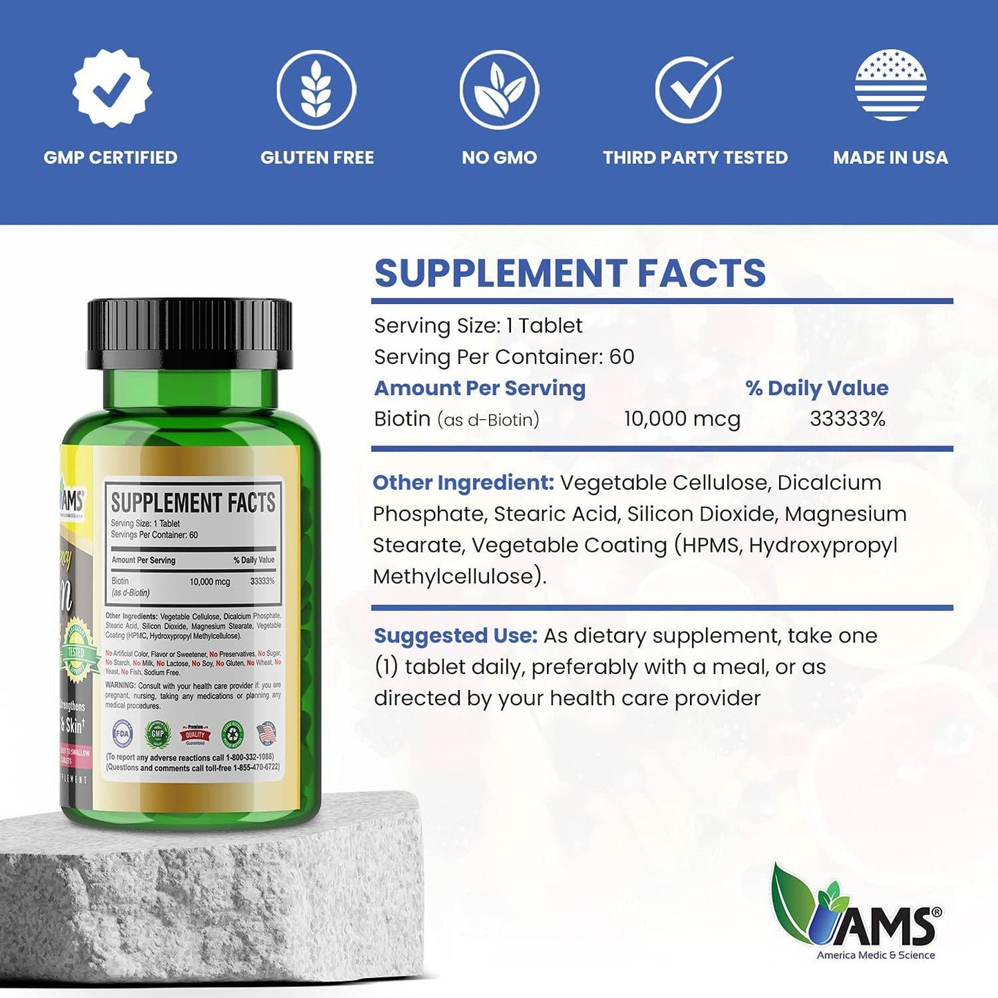 America Medic and Science Biotin 10000 MCG - Healthy Hair, Skin, and Nails, Metabolism (60)