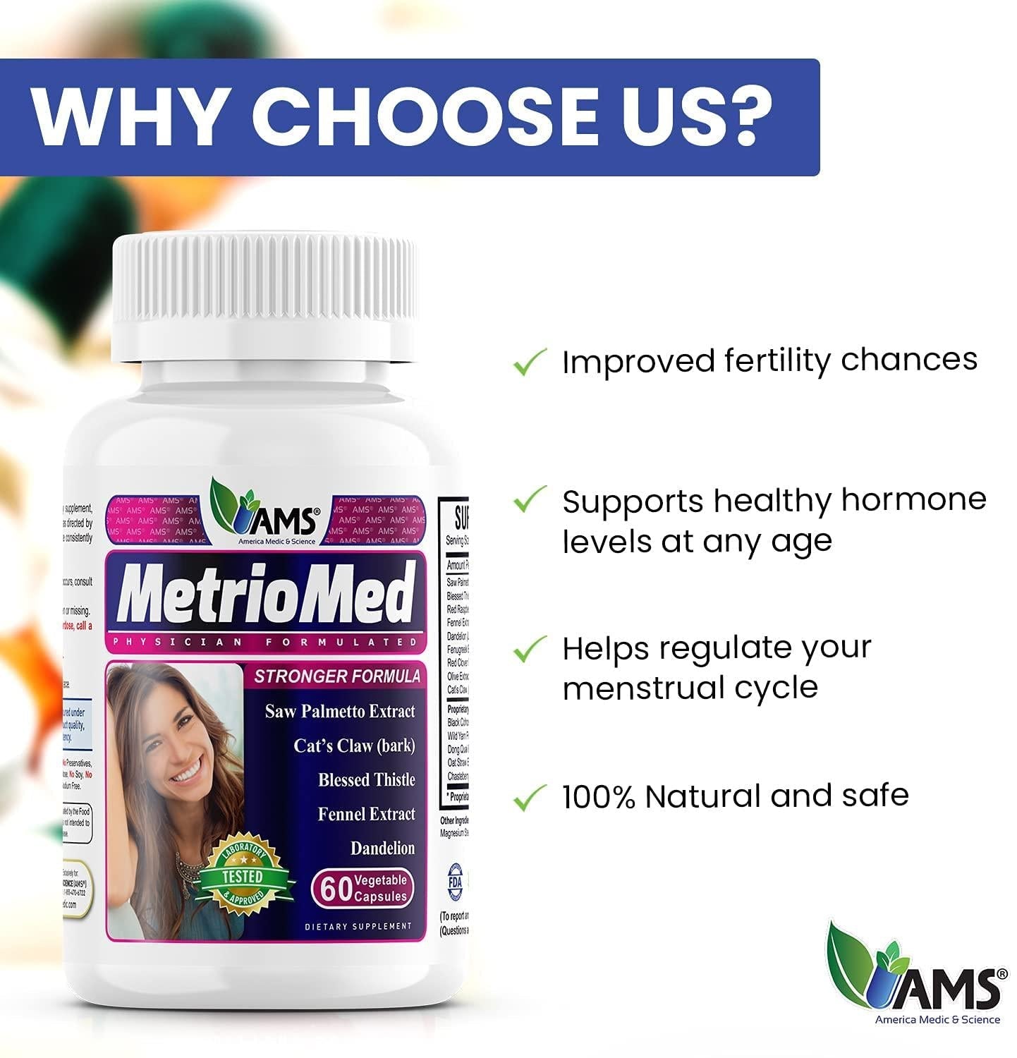 America Medic and Science MetrioMed (60 Capsules) Fertility Supplement for Women, Natural Pills with Black Cohosh, Chasteberry and Red Clover Herbs, Mood Support, Female Hormone Balance