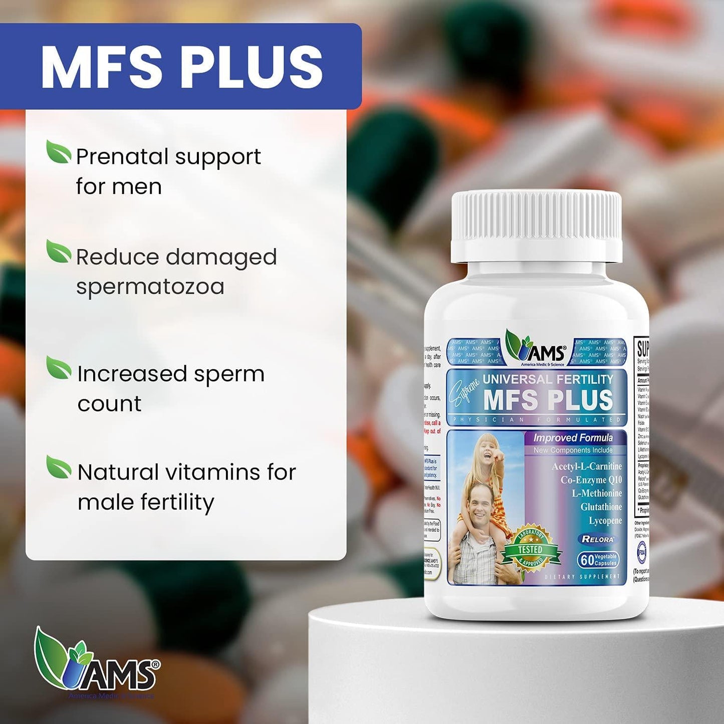 America Medic and Science MFS Plus Fertility Supplements for Men (60 Capsules) Count Booster, Supports Motility | Natural Preconception Vitamins, Reproductive Aid, with Zinc, CoQ10