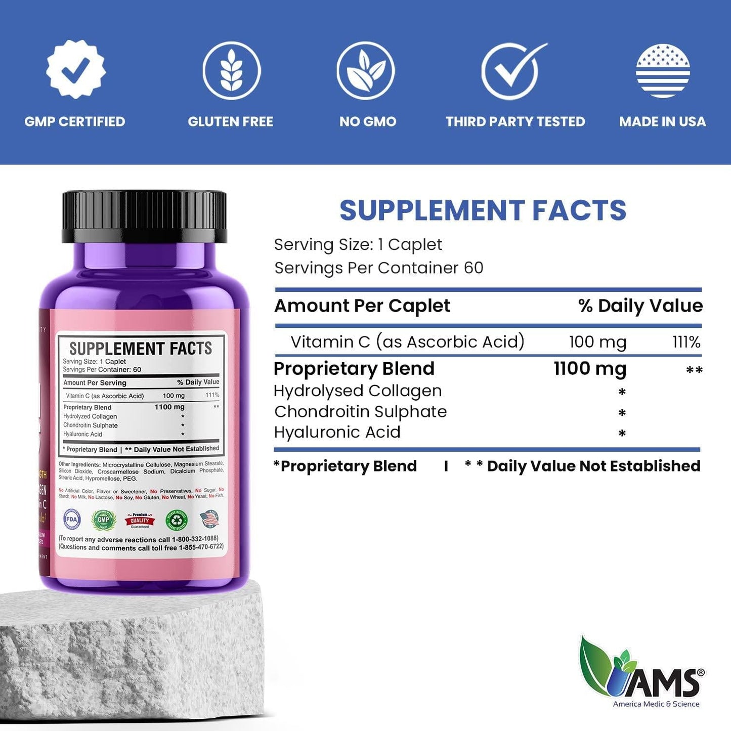 America Medic and Science Colla Caps (60 Caplets) | Collagen and Hyaluronic Acid Supplement with Vitamin C | For Men and Women | Repairs and Restores Skin Elasticity | Promotes Healthy Hair Growth