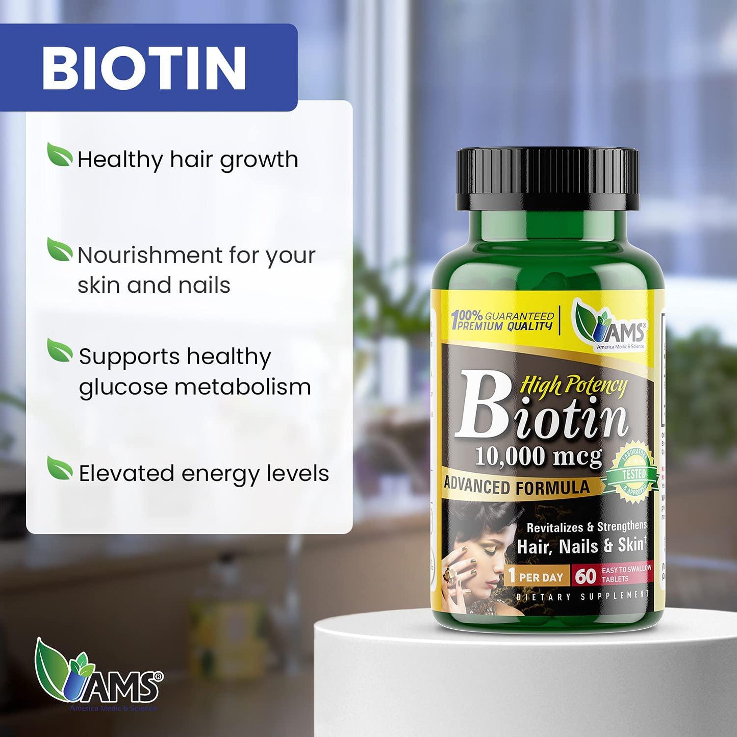 America Medic and Science Biotin 10000 MCG - Healthy Hair, Skin, and Nails, Metabolism (60)