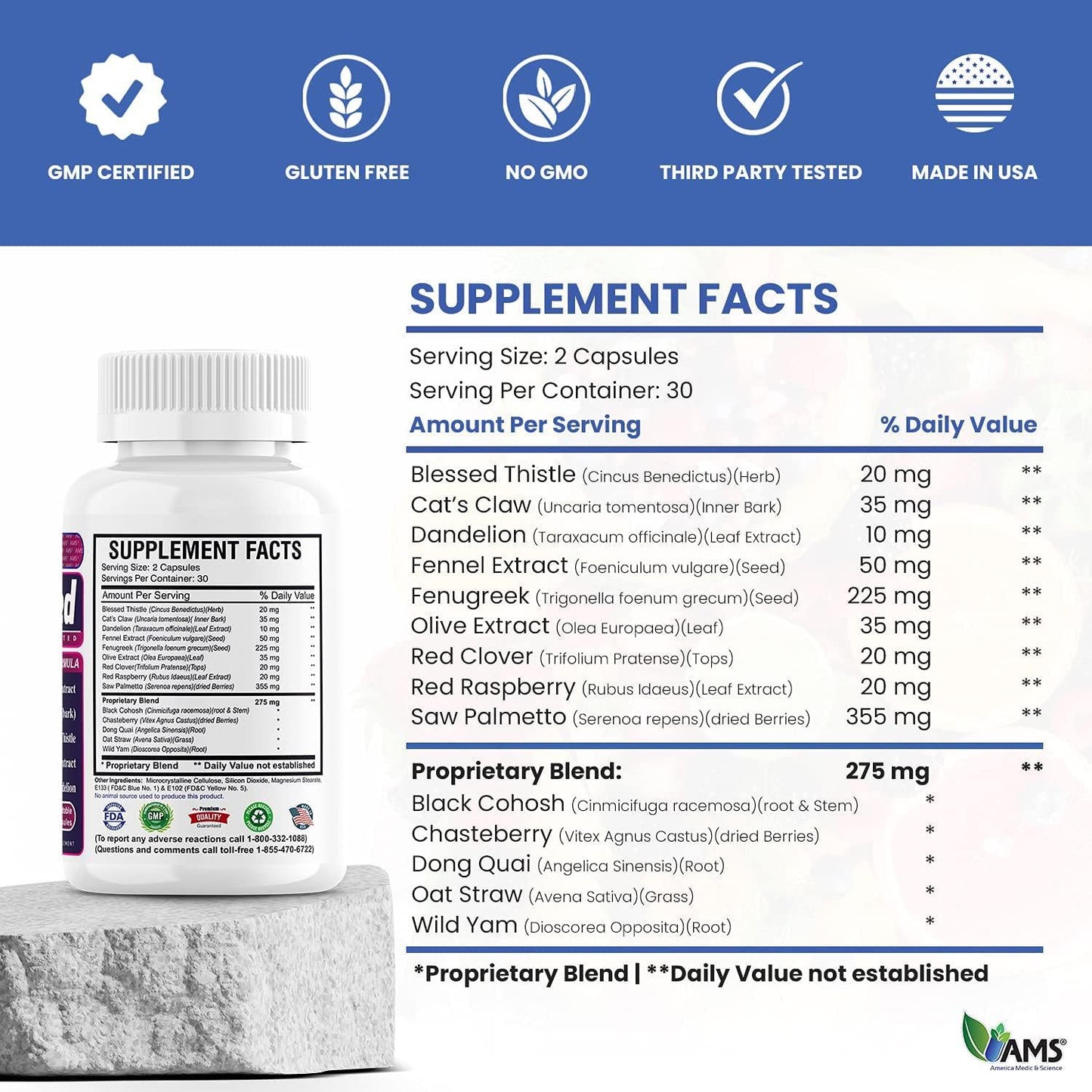 America Medic and Science MetrioMed (60 Capsules) Fertility Supplement for Women, Natural Pills with Black Cohosh, Chasteberry and Red Clover Herbs, Mood Support, Female Hormone Balance